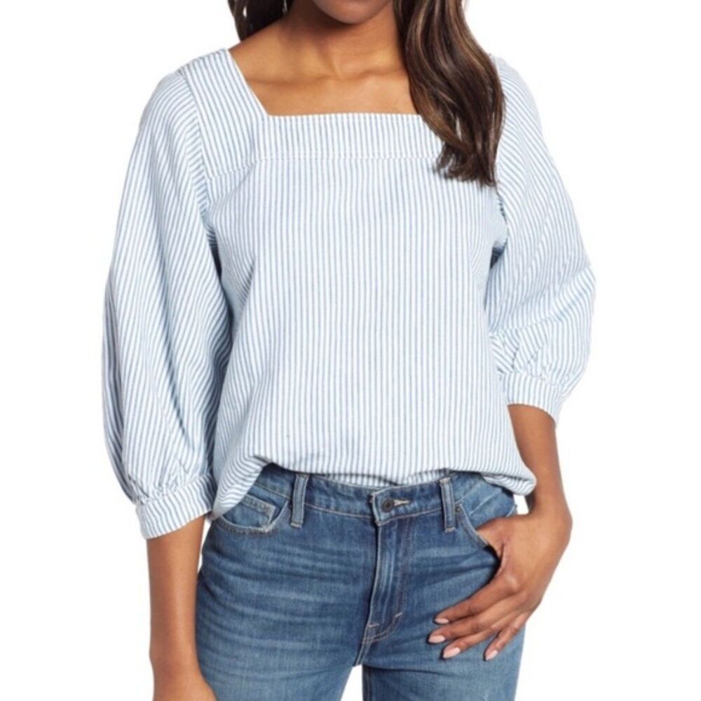 Lucky Brand Striped Square Neck Linen‎ Blend Coastal Boho Blouse Size Small